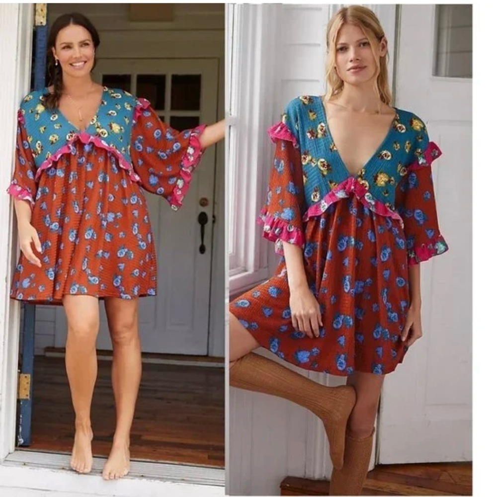 Anthropologie mini boho ruffled dress XS